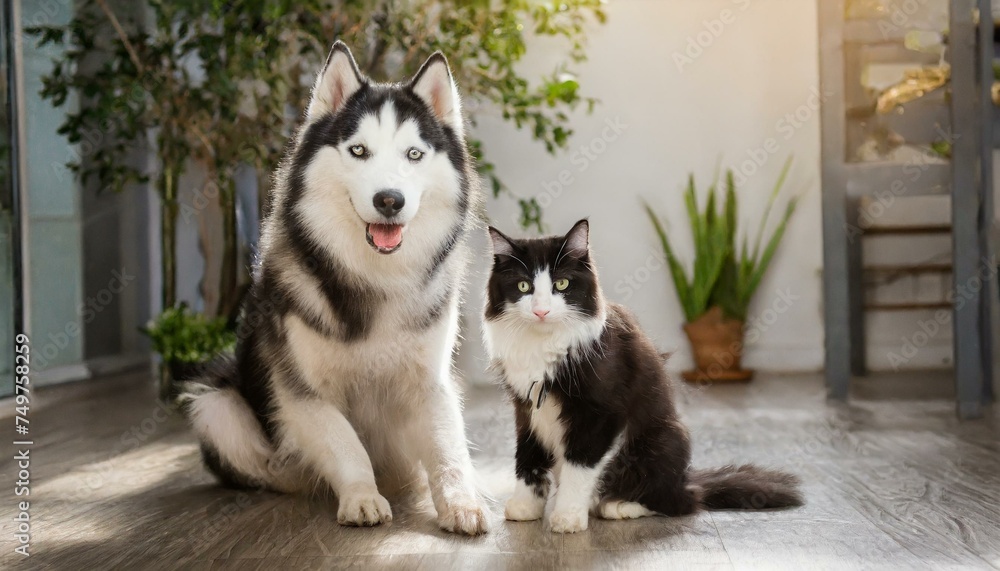 Siberian husky with black and white cat sitting on floor Siberian husky with black and white cat sitting on floor