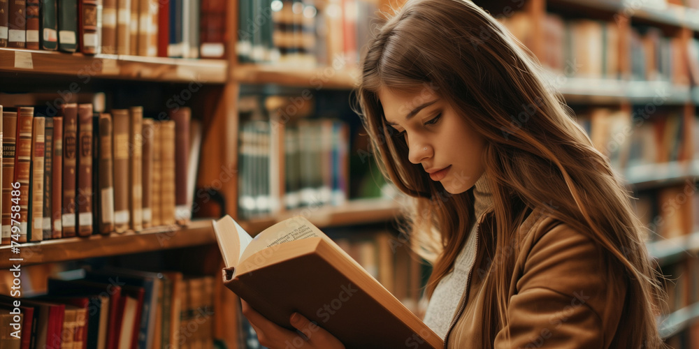 Young woman reading a book in a library among shelves full of books, concept of Education, high school, university, learning and people concept. Smiling student girl reading book. Young woman reading a book in a library among shelves full of books, concept of Education, high school, university, learning and people concept. Smiling student girl reading book.