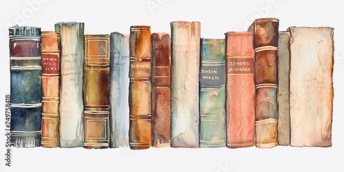 Hand drawing watercolor illustration of a row of vintage old books isolated on white background, watercolor image of books stacking isolated on whtie. photo
