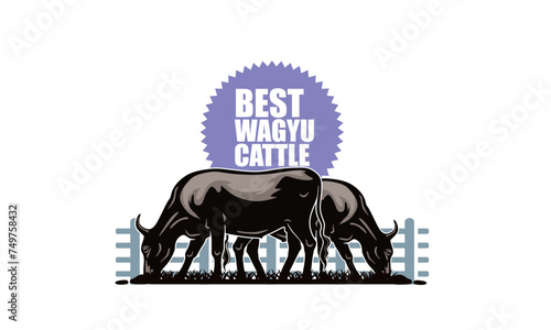 WAGYU THE BEST CATTLE LOGO, silhouette of great cow eating grass vector illustrations