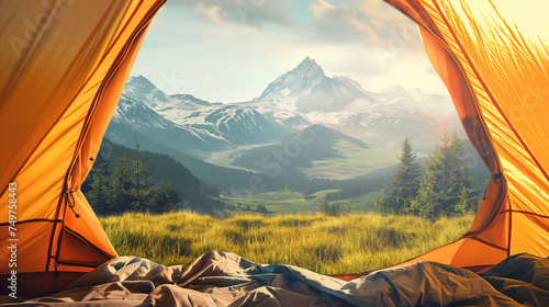 View from tent to the mountain. Sport and active life concept, beautiful landscape of slow life lifestyle.