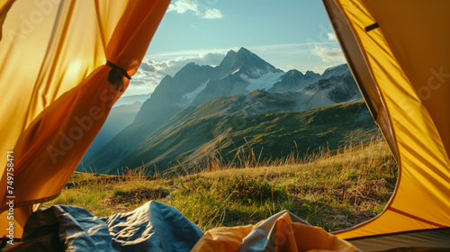 View from tent to the mountain. Sport and active life concept, beautiful landscape of slow life lifestyle.