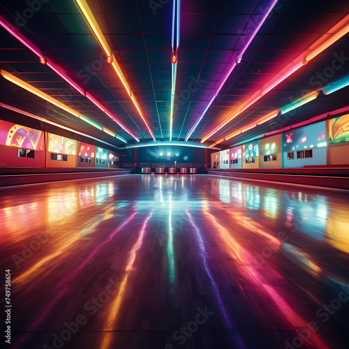 Retro roller skating rink with colorful lights. © Cao