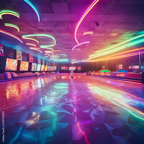 Retro roller skating rink with colorful lights.