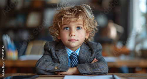 Portrait of a thoughtful young boy with curly hair dressed in a suit, sitting at a desk with a serious expression.
