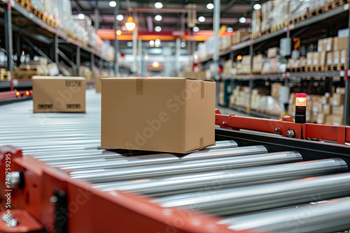 Seamless movement of multiple cardboard box packages along a conveyor belt in a warehouse fulfillment center, snapshot of e-commerce, delivery, automation, and products