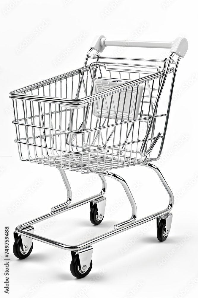 An isolated white metal shopping cart or trolley, empty An isolated white metal shopping cart or trolley, empty