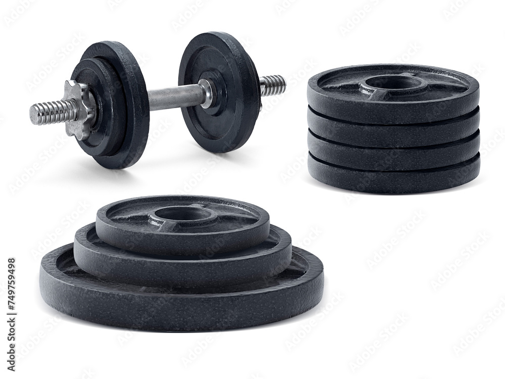 Fototapeta premium The metal dumbbell and weights, transparent background