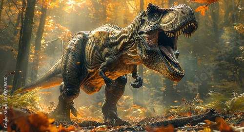 Fierce Tyrannosaurus rex roaring in a misty autumn forest with vibrant fall colors. © Gayan