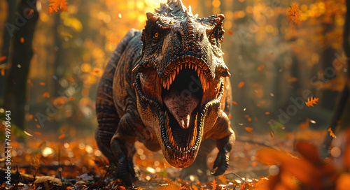 Fierce dinosaur roaring in a sunlit forest  with autumn leaves. Suitable for prehistoric or fantasy themes.
