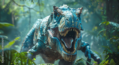 Ferocious dinosaur roaring in a misty jungle, with sharp teeth and vibrant blue skin, evoking prehistoric danger and adventure. © Gayan