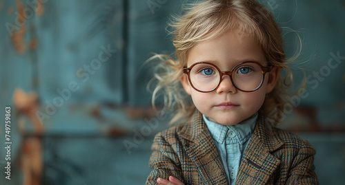 Portrait of a thoughtful young child with glasses  wearing a tweed jacket  against a blurred background.