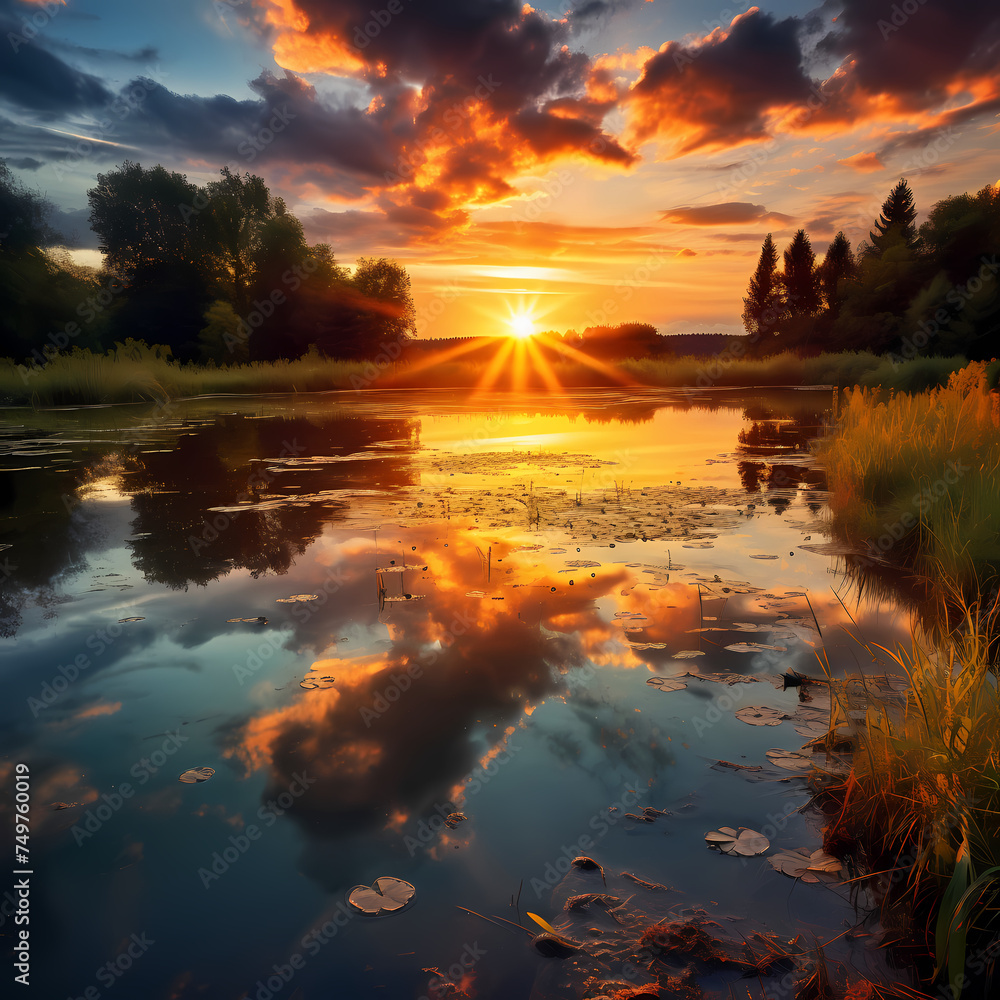 Sunset over a tranquil countryside lake.