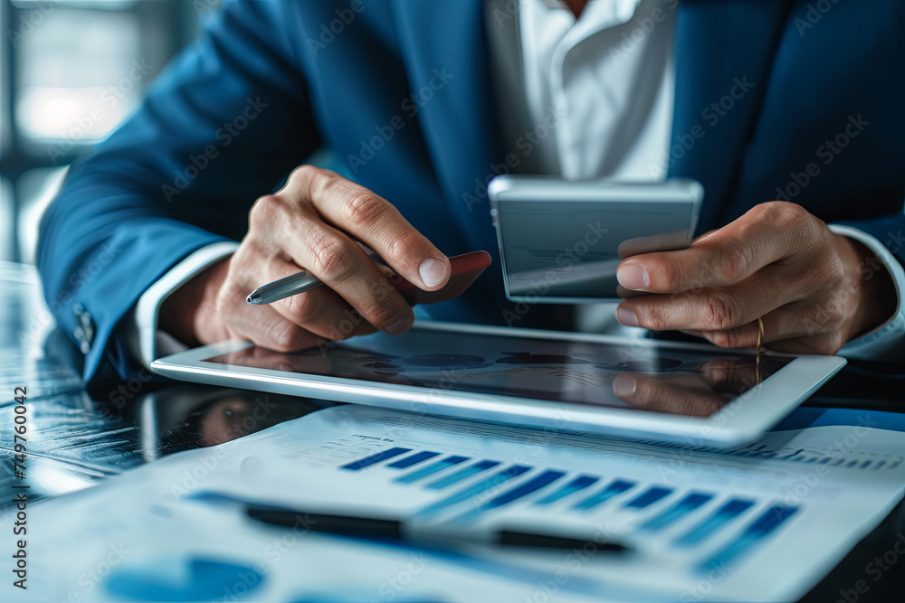 Business, internet, and technology concept - close-up of businessman’s hands working with tablet PC and smartphone Business, internet, and technology concept - close-up of businessman’s hands working with tablet PC and smartphone