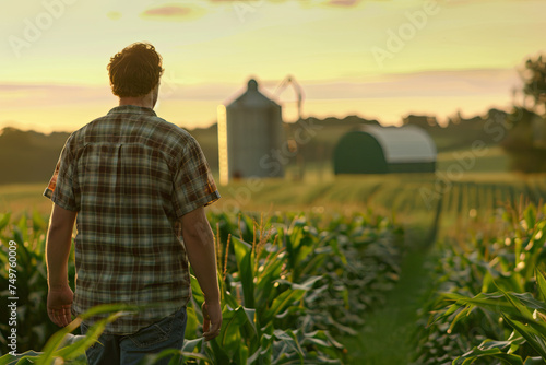 Farmer strolling through a corn field at dawn, grain silo in the distance, depiction of rural life and agriculture