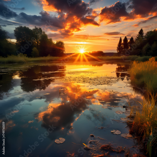 Sunset over a tranquil countryside lake.