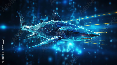 Big data visualization where a digital shark swims in the data stream. Futuristic background. Generative AI