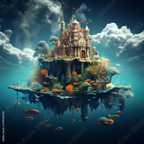 Surreal underwater world with floating islands. © Cao