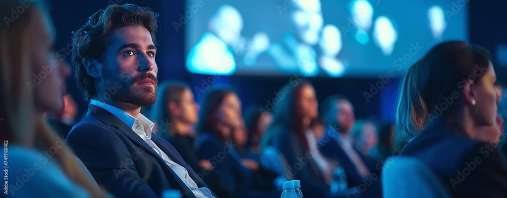 Businessman in conference room with audience and presentation screen in background, focus on man.