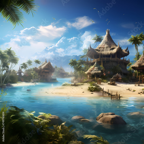 Tropical island with thatched-roof huts.