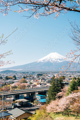 Arakurayama Sengen Park and Fuji Mountain, Shimoyoshida city view with cherry blossoms in Yamanashi, Japan