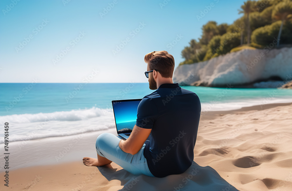 Man sitting on beach with laptop, enjoying leisure time by the water
