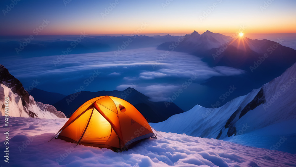 A tent glows under the starry sky on a snowy mountain peak