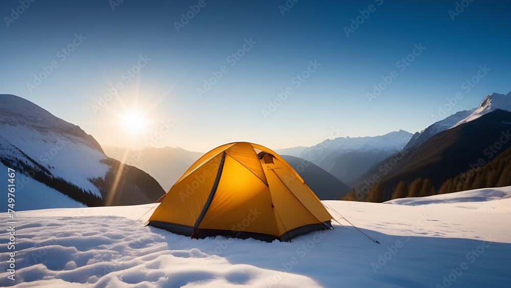 A yellow tent amidst snowy mountains under the sky