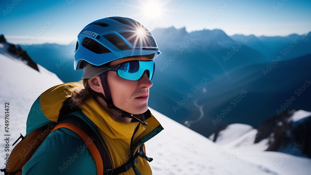 A man in goggles and helmet stands on a snowy mountain under the cloudy sky