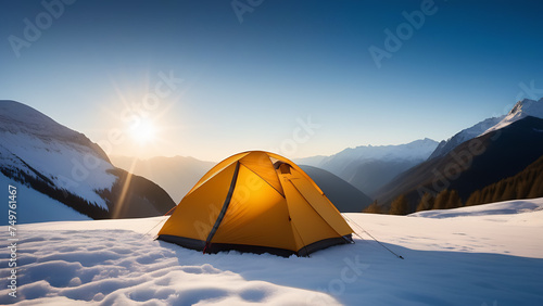 A yellow tent amidst snowy mountains under the sky