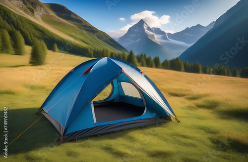 Blue tent in grassy field with mountains in the background under a clear sky