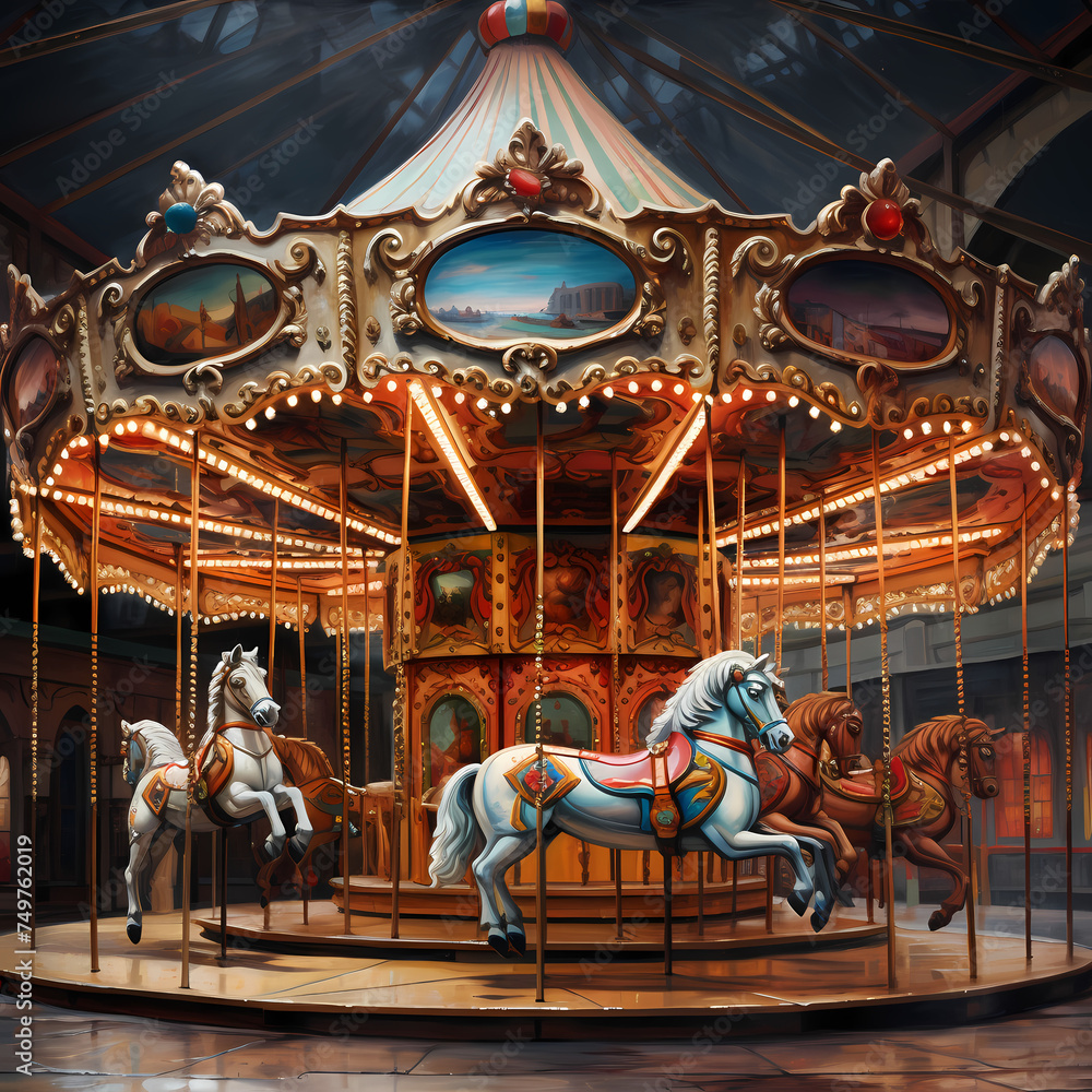 Whimsical carousel with painted horses.
