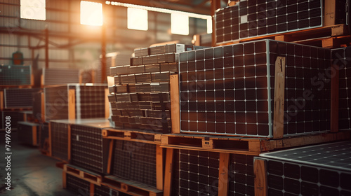 stack of solar panels in a warehouse ready for shipping 