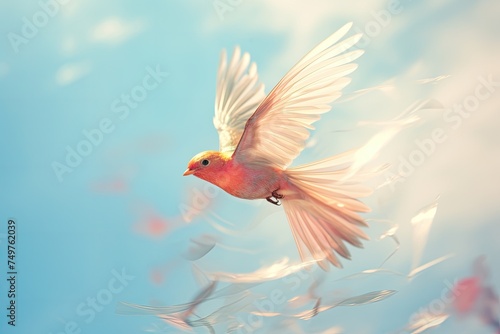 a red pink and yellow birdf lying in the sky