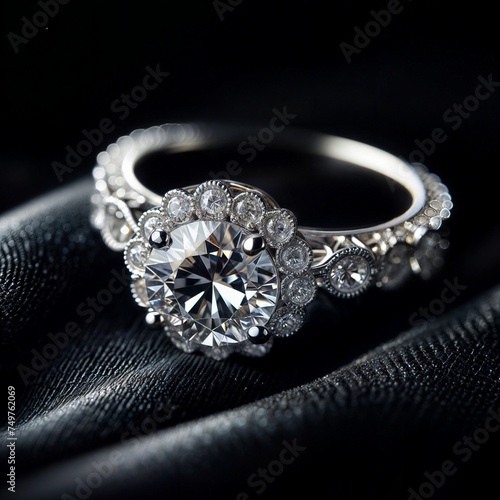 A diamond ring sits on a black velvet background.