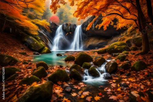 waterfall in autumn forest generated by AI technology © soman