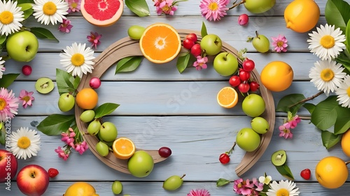 World here spring background. fruit flowers on wooden table