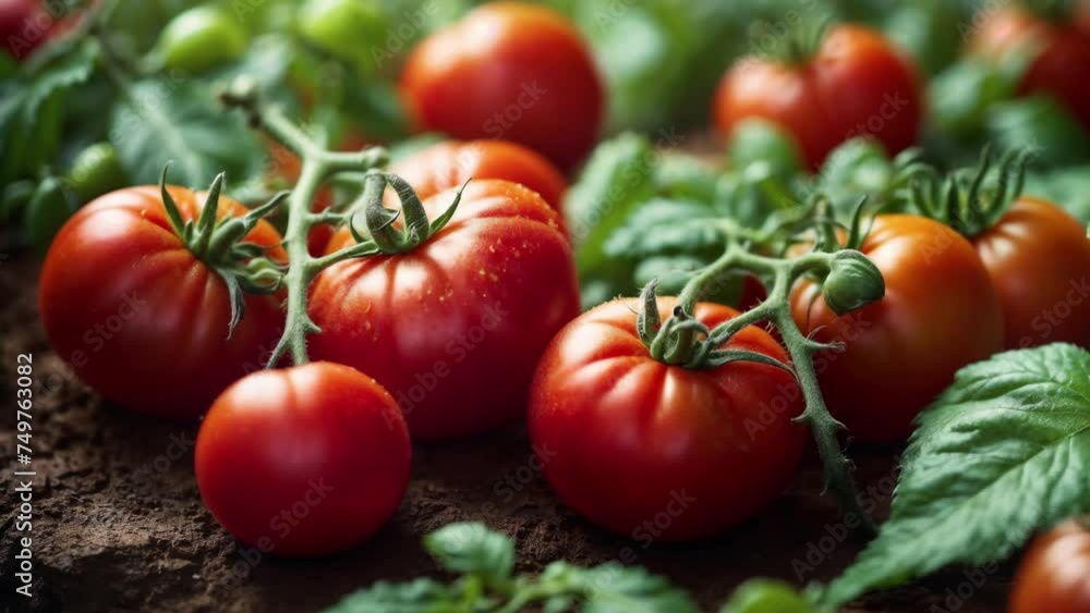 Tomato with leaves ai generated. Tomato plant on field. Soft focus tomatoes on dark. Generative AI video. Tomato with leaves ai generated. Tomato plant on field. Soft focus tomatoes on dark. Generative AI video.