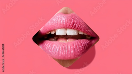 Beautiful plump bright lips of pink color peep into the slit of colored paper photo