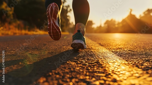 close-up of a runner's feet running on a road on sunrise