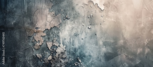 The black and white wall in this grunge background is covered in peeling paint, revealing a textured surface with cracks and scratches. The decay adds character to the rough appearance of the wall.