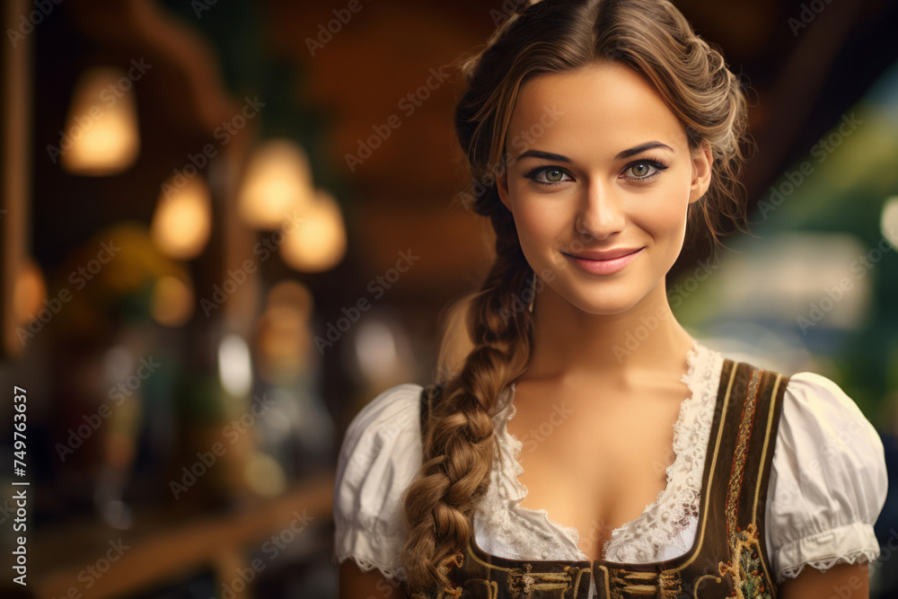 A young beautiful woman in a dirndl outfit on the background of the Oktoberfest celebration. Bavarian beer festival.