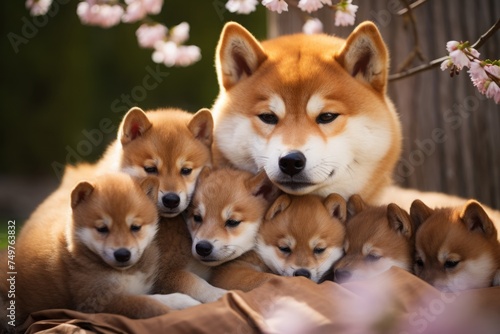 mother dog of the Shiba Inu breed and her puppies. family, motherhood in animals. litter or brood. © MaskaRad