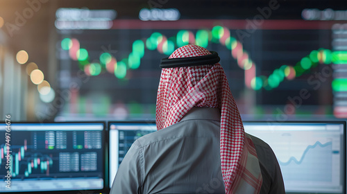 Arab man wearing Saudi bisht, looking at screen computer about Financial Business Analytics Data Dashboard, back view, blurred background.