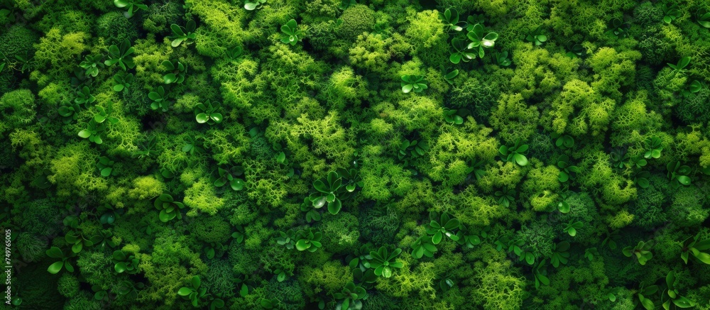 A dense forest with an abundance of green trees stretching as far as the eye can see. Moss covering the tree trunks glistens with water droplets after a refreshing rain, adding a vibrant texture to