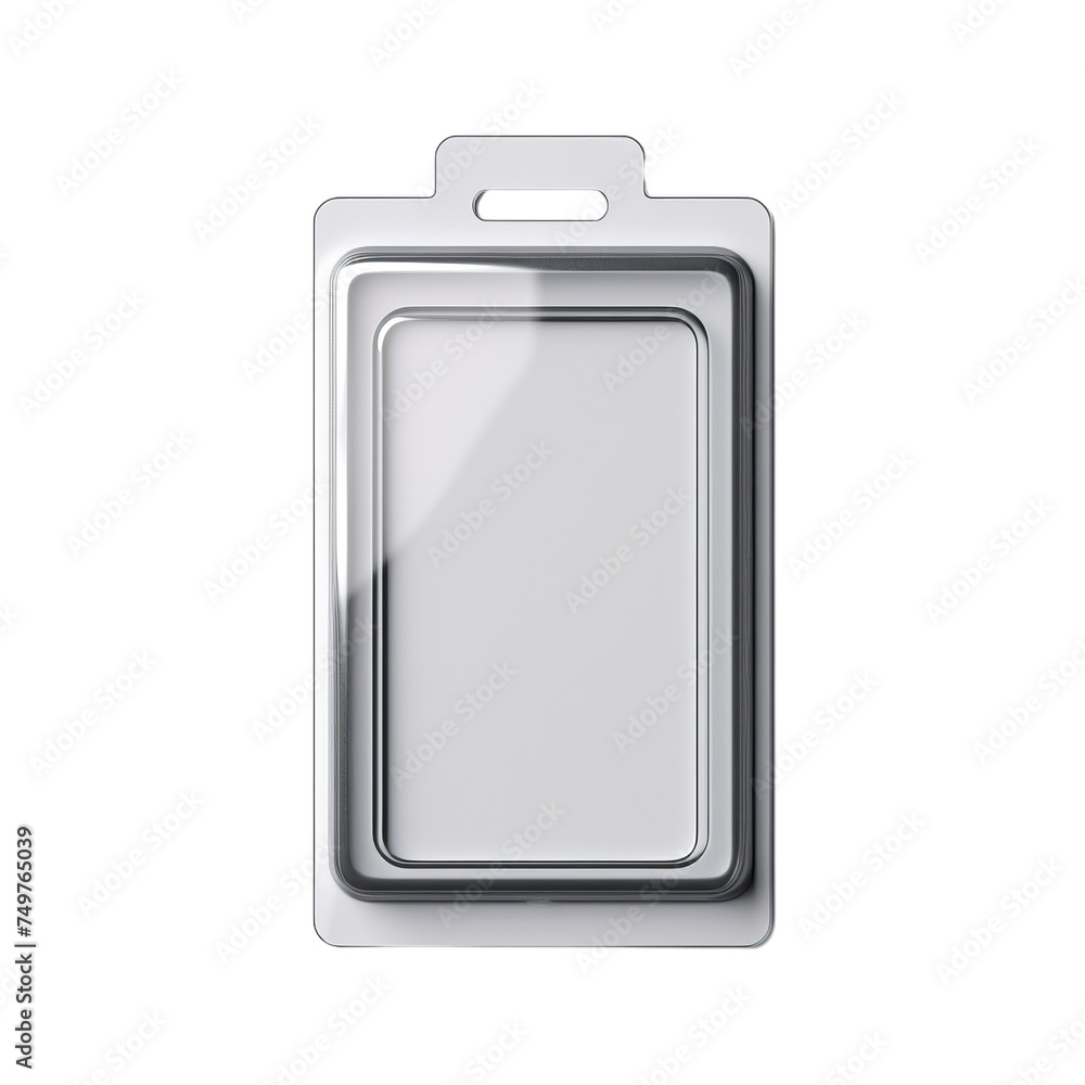 A blank plastic blister clamshell pack with a hanging tab and perforation isolated on transparent background, png