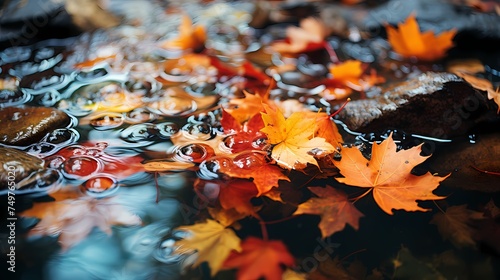 A pile of autumn leaves submerged in a puddle, creating a vibrant and textured reflection