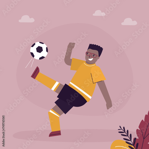 Fototapeta Naklejka Na Ścianę i Meble -  Cute happy little boy playing football game. Cartoon male character, african american soccer player. Active child playing with a ball.