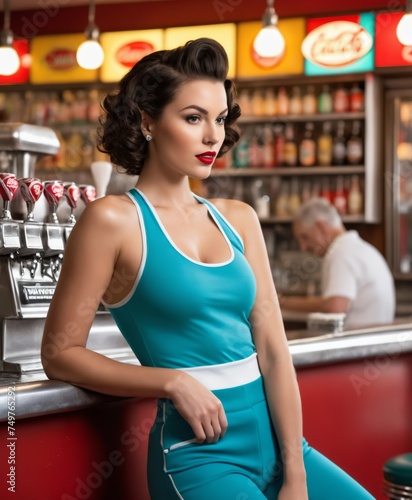 a woman in a blue jumpsuit standing in front of a bar with stools and a bar counter,