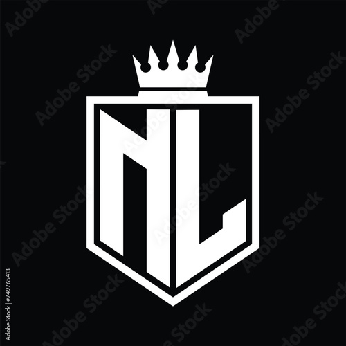 NL Logo monogram bold shield geometric shape with crown outline black and white style design